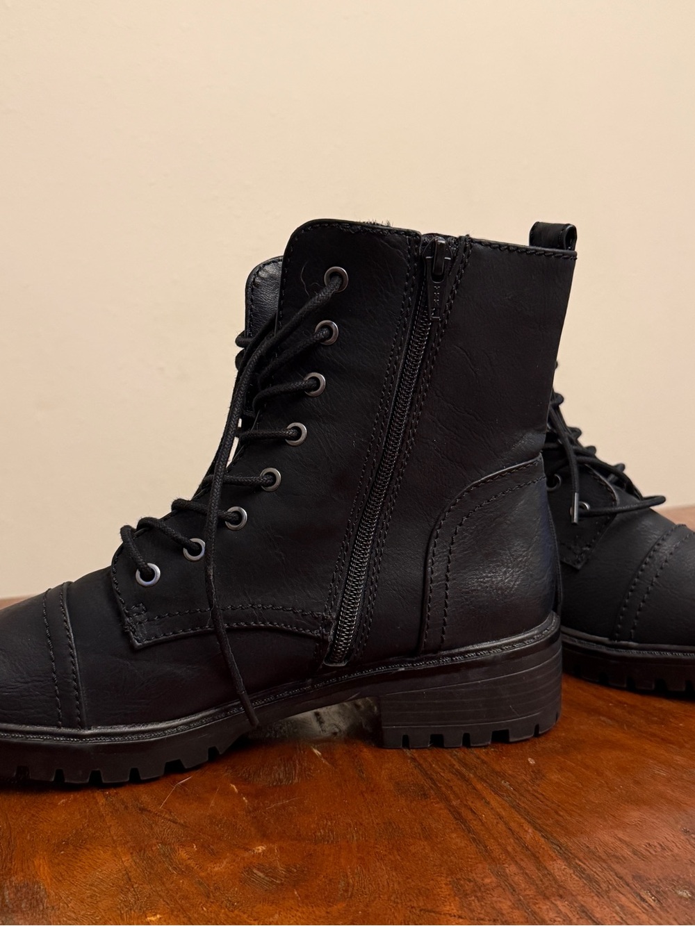 Women's Black Lace-Up and Side Zipper Moto Boots - Picture 2 of 5
